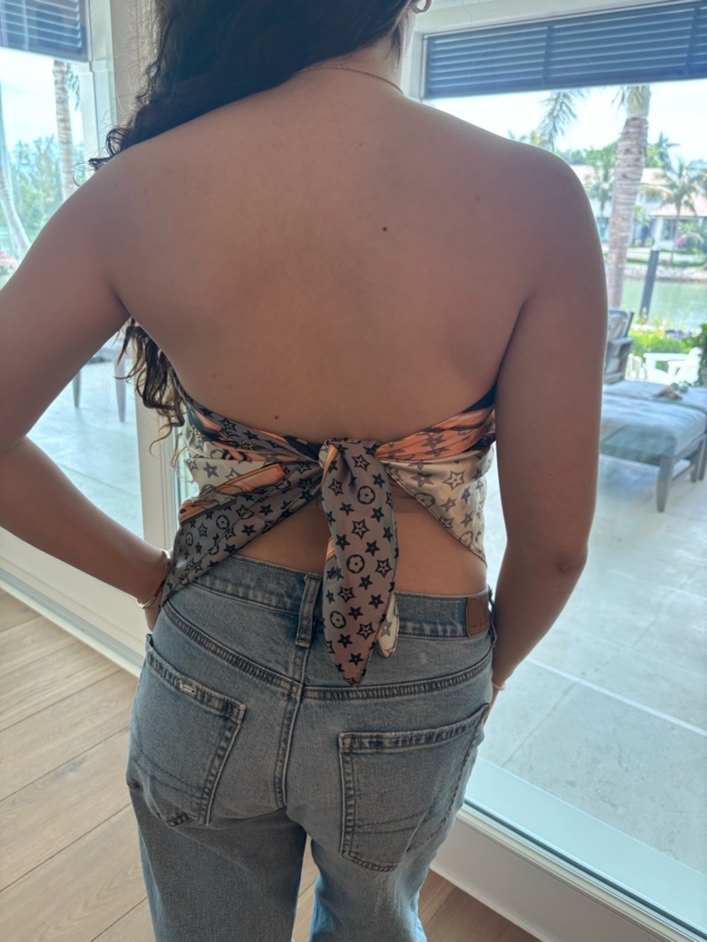 Silk Star-Print Tie-Back Bandana Top in Beige & Orange,black - Picture 6 of 12